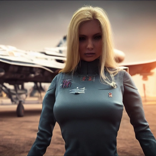 photo of an extremely beautiful Swedish woman, standing by a battle-scarred starfighter, very detailed, very beautiful face, long golden blonde hair, huge breasts, pale smooth skin, 8k, hyperrealistic, perfect composition, soft cinematic lighting, octane render, 3D, Cartoon