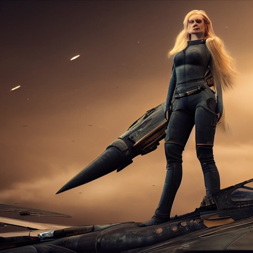 photo of an extremely beautiful Swedish woman, standing by a battle-scarred starfighter, very detailed, very beautiful face, long golden blonde hair, huge breasts, pale smooth skin, 8k, hyperrealistic, perfect composition, epic ambient light, octane render, 3D, Cartoon