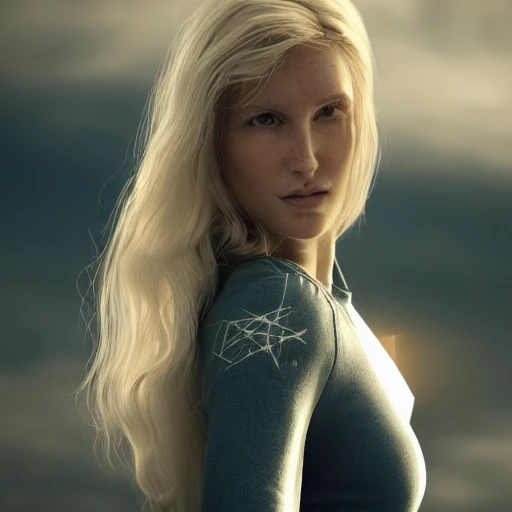 photo of an extremely beautiful Swedish woman, standing by a battle-scarred starfighter, very detailed, very beautiful face, long golden blonde hair, huge breasts, pale smooth skin, 8k, hyperrealistic, perfect composition, epic ambient light, octane render, 3D, Cartoon