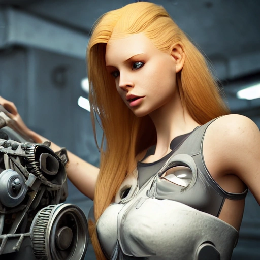 photo of an extremely beautiful Swedish woman, repairing the engine of her battle-scarred starfighter, very detailed, very beautiful face, long golden blonde hair, huge breasts, pale smooth skin, 8k, hyperrealistic, perfect composition, epic ambient light, octane render, 3D, Cartoon