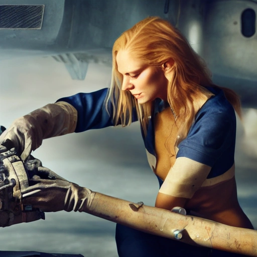 photo of an extremely beautiful Swedish woman, repairing the engine of her battle-scarred starfighter, very detailed, very beautiful face, long golden blonde hair, huge breasts, pale smooth skin, 8k, hyperrealistic, perfect composition, epic ambient light, octane render,