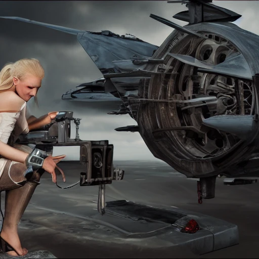 photo of an extremely beautiful Swedish woman, repairing the engine of her battle-scarred starfighter, very detailed, very beautiful face, long golden blonde hair, huge breasts, pale smooth skin, 8k, hyperrealistic, perfect composition, epic ambient light, octane render,