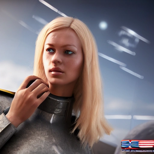 photo of an extremely beautiful Swedish woman, repairing her battle-scarred starfighter, very detailed, very beautiful face, long golden blonde hair, huge breasts, pale smooth skin, 8k, hyperrealistic, perfect composition, soft cinematic lighting, octane render,