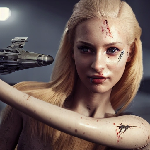 photo of an extremely beautiful Swedish woman, repairing her battle-scarred starfighter, very detailed, very beautiful face, long golden blonde hair, huge breasts, pale smooth skin, 8k, hyperrealistic, perfect composition, soft cinematic lighting, octane render, 3D, Cartoon