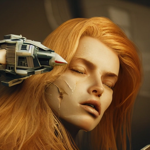 photo of an extremely beautiful Swedish woman, repairing her battle-scarred spaceship, very detailed, very beautiful face, long golden blonde hair, huge breasts, pale smooth skin, 8k, hyperrealistic, perfect composition, soft cinematic lighting, octane render, 3D, Cartoon