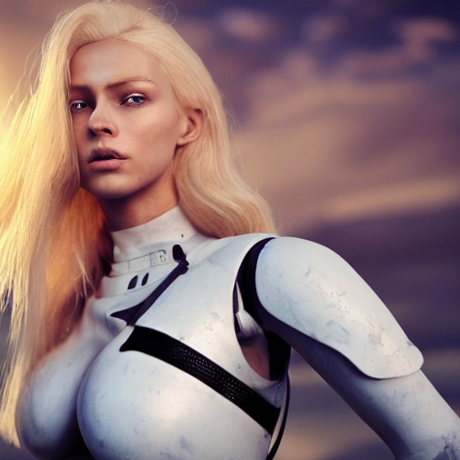 photo of an extremely beautiful Swedish woman, standing by a battle-scarred starfighter, very detailed, very beautiful face, long golden blonde hair, huge breasts, pale smooth skin, 8k, hyperrealistic, perfect composition, soft cinematic lighting, octane render, 3D, Cartoon