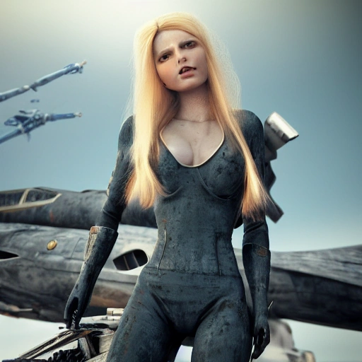 photo of an extremely beautiful Swedish woman, standing by a battle-scarred starfighter, very detailed, very beautiful face, long golden blonde hair, huge breasts, pale smooth skin, 8k, hyperrealistic, perfect composition, soft cinematic lighting, octane render, 3D, Cartoon