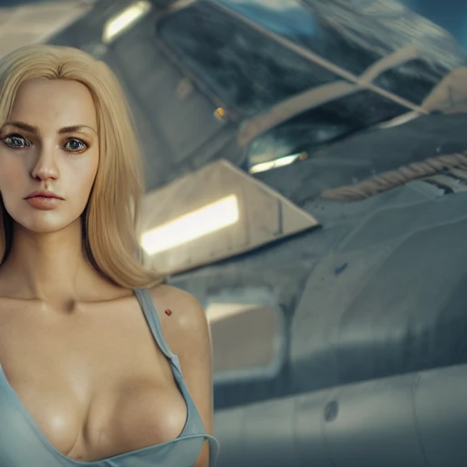 photo of an extremely beautiful Swedish woman, standing by a travel-worn starfighter, very detailed, very beautiful face, long golden blonde hair, huge breasts, pale smooth skin, 8k, hyperrealistic, perfect composition, soft cinematic lighting, octane render, 3D, Cartoon