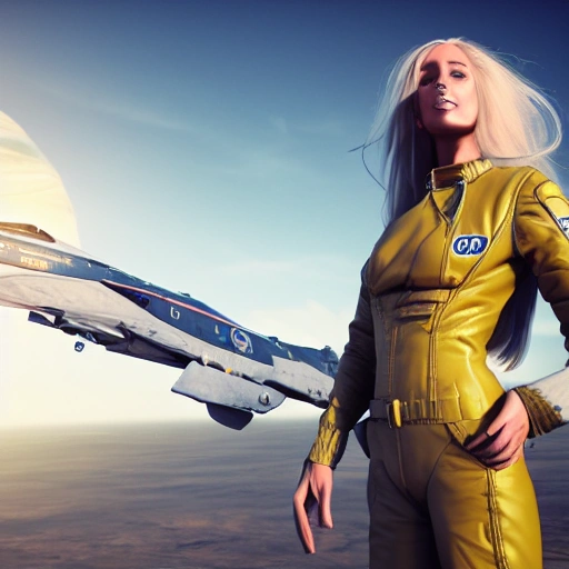 photo of an extremely beautiful Swedish woman, standing by a travel-worn starfighter, very detailed, very beautiful face, long golden blonde hair, huge breasts, pale smooth skin, 8k, hyperrealistic, perfect composition, soft cinematic lighting, octane render, 3D, Cartoon