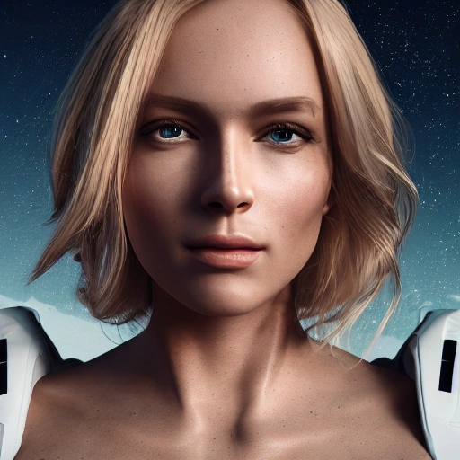 photo of an extremely beautiful Swedish woman, standing by a travel-worn spaceship, very detailed, very beautiful face, long golden blonde hair, huge breasts, pale smooth skin, 8k, hyperrealistic, perfect composition, soft cinematic lighting, octane render,, 3D