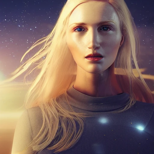 photo of an extremely beautiful Swedish woman, standing by a travel-worn spaceship, very detailed, very beautiful face, long golden blonde hair, huge breasts, pale smooth skin, 8k, hyperrealistic, perfect composition, soft cinematic lighting, octane render,, 3D