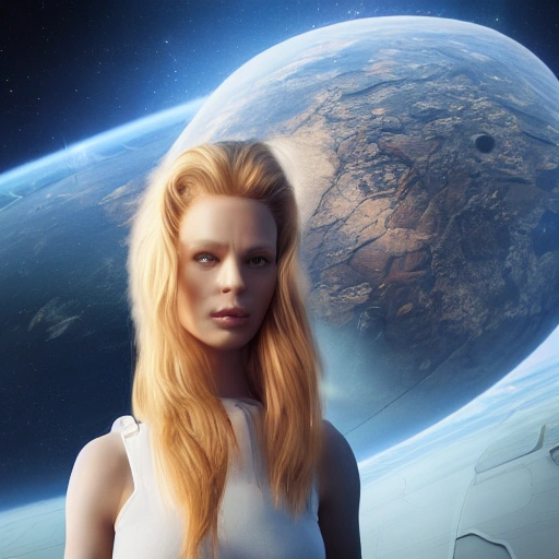 photo of an extremely beautiful Swedish woman, standing by a travel-worn spaceship, very detailed, very beautiful face, long golden blonde hair, huge breasts, pale smooth skin, 8k, hyperrealistic, perfect composition, soft cinematic lighting, octane render,, 3D, Cartoon