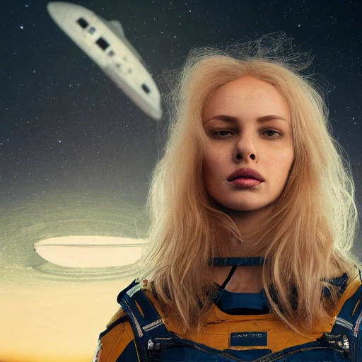 photo of an extremely beautiful Swedish woman, standing by a travel-worn spaceship, very detailed, very beautiful face, long golden blonde hair, huge breasts, pale smooth skin, 8k, hyperrealistic, perfect composition, soft cinematic lighting, octane render,, 3D, , Oil Painting