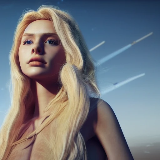 photo of an extremely beautiful Swedish woman, standing by a travel-worn spaceship, very detailed, very beautiful face, long golden blonde hair, huge breasts, pale smooth skin, 8k, hyperrealistic, perfect composition, soft cinematic lighting, octane render,, 3D, , Oil Painting