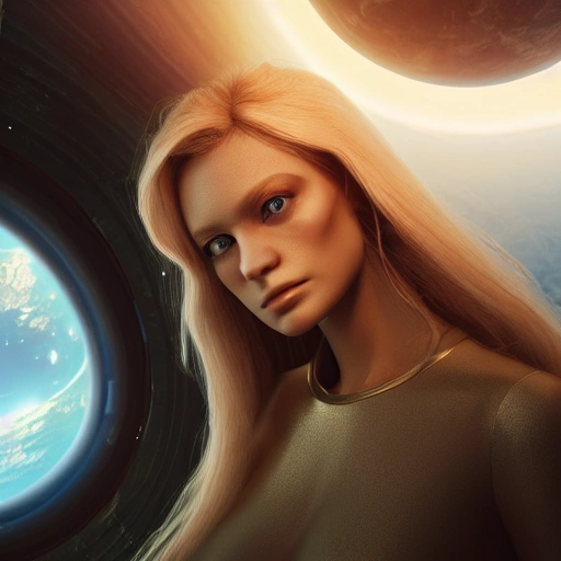 photo of an extremely beautiful Swedish woman, standing by a travel-worn spaceship, very detailed, very beautiful face, long golden blonde hair, huge breasts, pale smooth skin, 8k, hyperrealistic, perfect composition, soft cinematic lighting, octane render,, 3D, , Oil Painting