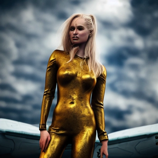 photo of an extremely beautiful Swedish woman, standing by a battle-scarred starfighter, very detailed, very beautiful face, long golden blonde hair, huge breasts, pale smooth skin, 8k, hyperrealistic, perfect composition, soft cinematic lighting, octane render, Trippy