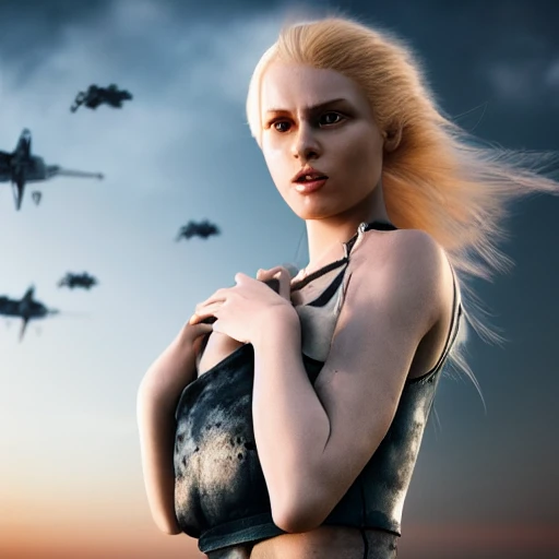 photo of an extremely beautiful Swedish woman, standing by a battle-scarred starfighter, very detailed, very beautiful face, long golden blonde hair, huge breasts, pale smooth skin, 8k, hyperrealistic, perfect composition, soft cinematic lighting, octane render, Trippy