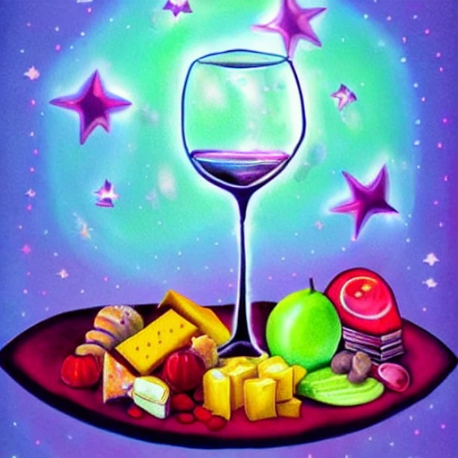  airbrush illustration, ethereal, fancy wine, fancy fruit and cheese platter, stars and half moons, colorful led lights, neons and pastels, gemstones, kawaii