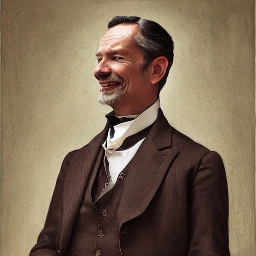 A perfect painting of a man who is in his 50s, in a nineteenth-century suit, an evil smile, staring straight ahead at the screen, intricate highly detailed PHOTO ULTRA REALISTIC trending on artstation intricate elegant highly detailed digital painting artstation concept art, smooth, sharp focus, illustration, art by artgerm and greg rutkowski and alphonse mucha, 8k