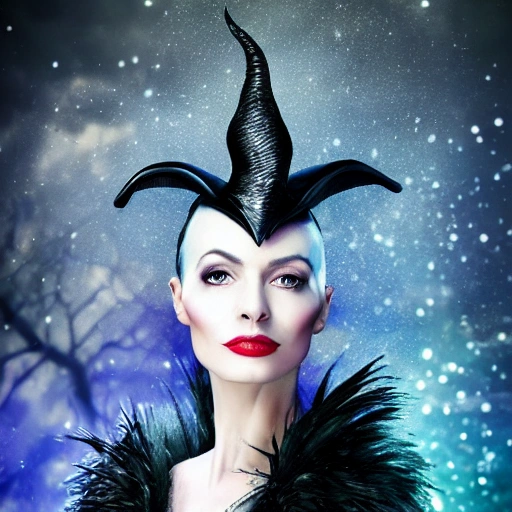 a stunning interpretation of a glamour portrait of young Enid Blyton looking like a witchy supermodel Maleficent, in the style of Marcin Nagreba and Tim Flach, wearing haute coture clothing, magic-based jewellery and lightning fascinator, outside a magical faraway tree as background, royal blue and cyan tones and dramatic light, no text, sharp focus, editorial portrait