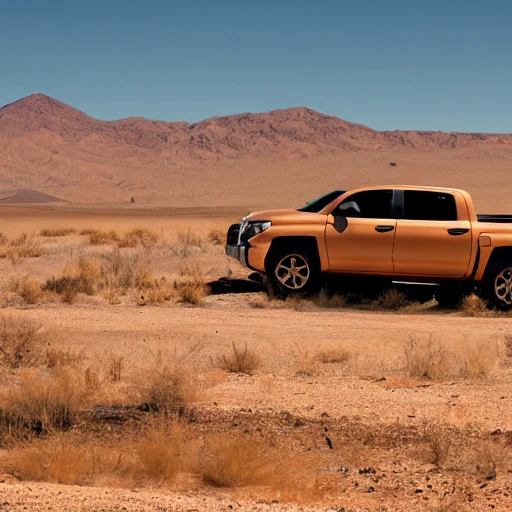 a tan toyota tundra driving in the desert