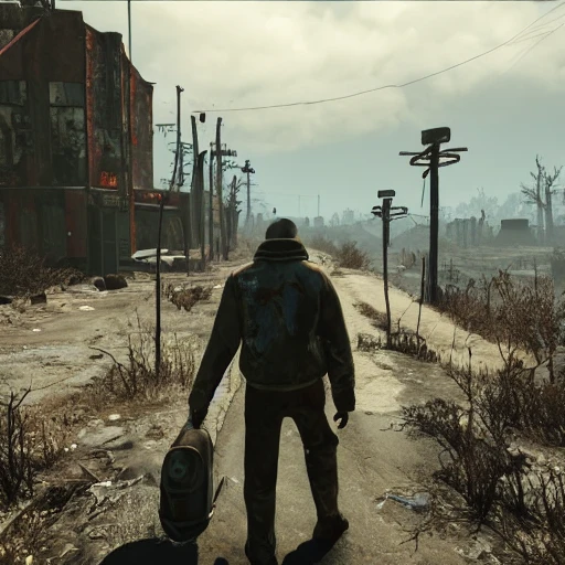 A man walking down a desolate road, fallout 4, post apocalyptic, decay, 4k, HD, lonely,