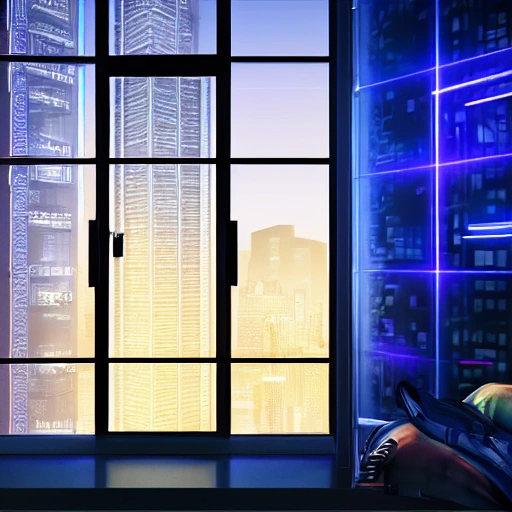  inside a man room, cyberpunk vibe, neon glowing lights, sharp focus, photorealistic, unreal engine 5, window that shows the skyscrapers in the background, cold athmosphere
