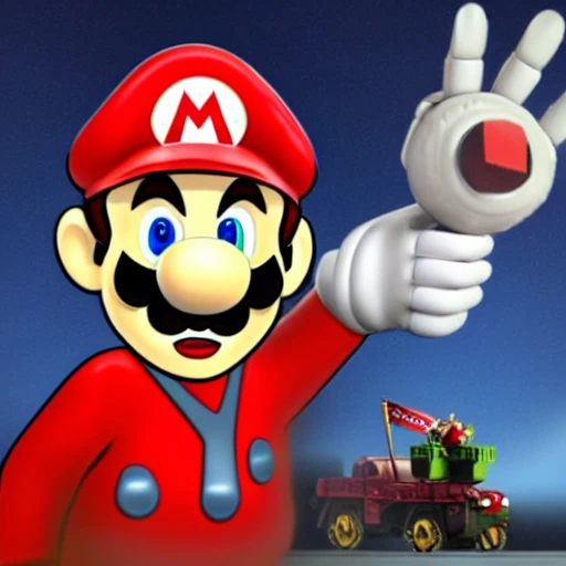 robotic mario stalin with hummer and sickle instied hands
