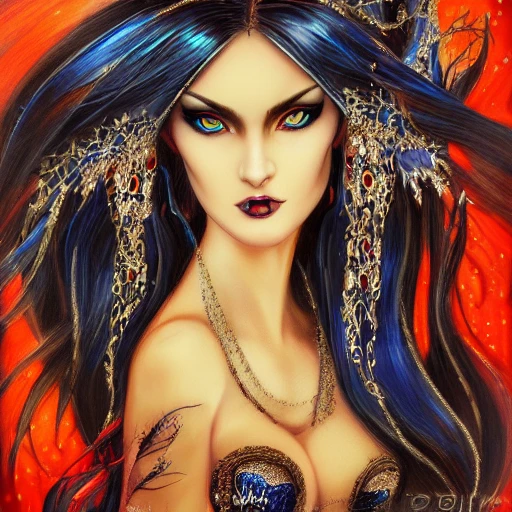 a portrait, fantasy, a very gorgeous, beautiful, and sexy devil, mysterious and powerful, long hair flowed, cascading down her slender frame, piercing deep blue eyes, dressed in chery and sparkling jewels, a sense of undeniable beauty and grace, a creature of the night, magical energies, sharp focus, muted colors, extremely detailed