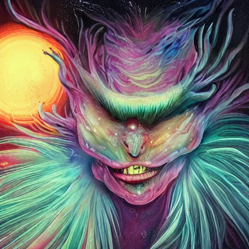 portrait d'un diable cornu avec des flammes rougeoyantes émanant de ces yeux, montagne caverneuse bioluminescente avec des plantes exotiques brillants dans la nuit en arrière plan et une lune pleine dans un ciel étoilés,  deep color, detailed, fantasy art, digital painting, 8K ultra