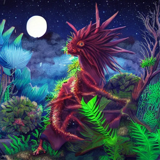 portrait d'un diable debout cornu avec des flammes rougeoyantes émanant de ces yeux devant une montagne caverneuse bioluminescente avec des plantes exotiques brillants dans la nuit en arrière plan et une lune pleine dans un ciel étoilés,  deep color, detailed, fantasy art, digital painting, 8K ultra