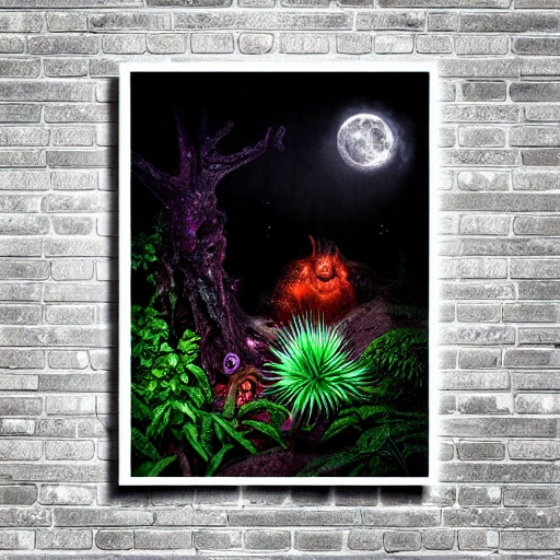 portrait d'un diable debout cornu avec des flammes rougeoyantes émanant de ces yeux devant une montagne caverneuse bioluminescente avec des plantes exotiques brillants dans la nuit en arrière plan et une lune pleine dans un ciel étoilés,  deep color, detailed, fantasy art, digital painting, 8K ultra, Trippy