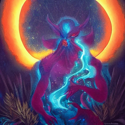 portrait d'un diable debout cornu avec des flammes rougeoyantes émanant de ces yeux devant une montagne caverneuse bioluminescente avec des plantes exotiques brillants dans la nuit en arrière plan et une lune pleine dans un ciel étoilés,  deep color, detailed, fantasy art, digital painting, 8K ultra, 3D