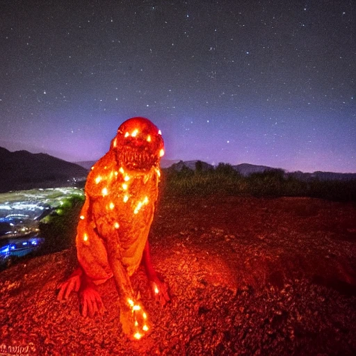 portrait d'un diable, debout cornu, avec des flammes rougeoyantes émanant de ces yeux ,devant une montagne caverneuse bioluminescente, avec des plantes exotiques brillantes, dans la nuit en arrière plan et une lune pleine dans un ciel étoilés,  deep color, detailed, fantasy art, digital painting, 8K ultra,, Pencil Sketch