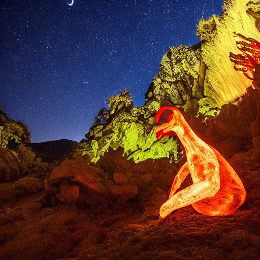 portrait d'un diable, debout cornu, avec des flammes rougeoyantes émanant de ces yeux ,devant une montagne caverneuse bioluminescente, avec des plantes exotiques brillantes, dans la nuit en arrière plan et une lune pleine dans un ciel étoilés,  deep color, detailed, fantasy art, digital painting, 8K