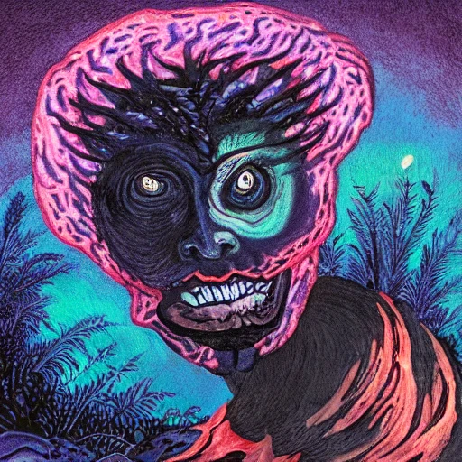 portrait d'un diable, debout cornu,  flammes rougeoyantes sortant de ces yeux ,devant une montagne caverneuse bioluminescente, avec des plantes exotiques brillantes, dans la nuit en arrière plan et une lune pleine dans un ciel étoilés,  deep color, detailed, fantasy art, digital painting, 8K