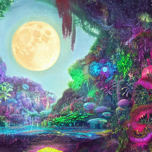 montagne caverneuse bioluminescente, avec des plantes exotiques brillantes, dans la nuit en arrière plan et une lune pleine dans un ciel étoilés,  deep color, detailed, fantasy art, digital painting, 8K,, Trippy