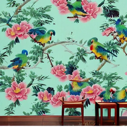  2d chinese wallpaper parrots dreaming in a beautiful happy , sunset Beautiful light. Water and plants. Nice colour scheme, soft warm colour. Beautiful detailed watercolor 
