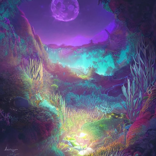 montagne caverneuse bioluminescente, avec des plantes exotiques brillantes, dans la nuit en arrière plan et une lune pleine dans un ciel étoilés,  deep color, detailed, fantasy art, digital painting, 8K, 3D