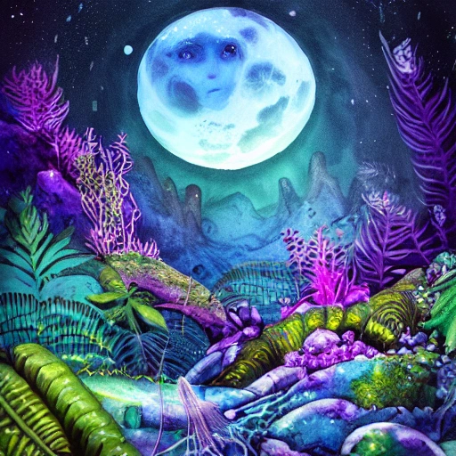 montagne caverneuse bioluminescente, avec des plantes exotiques brillantes, dans la nuit en arrière plan et une lune pleine dans un ciel étoilés,  deep color, detailed, fantasy art, digital painting, 8K, Water Color