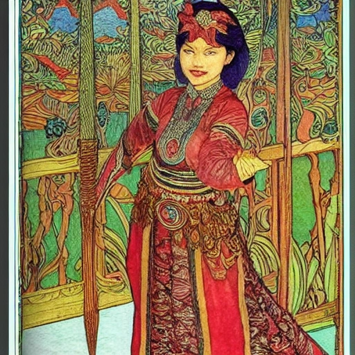 a malay traditional outfit armor, painting by Ivan Bilibin, Art Nouveau, , Pencil Sketch
