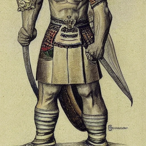 full body view, a fighting germanic heathen traditional outfit warrior, painting by Ivan Bilibin, Art Nouveau, illustration, , Pencil Sketch