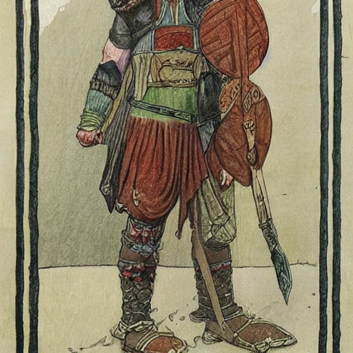 full body view, a fighting germanic heathen traditional outfit warrior, painting by Ivan Bilibin, Art Nouveau, illustration, , Pencil Sketch