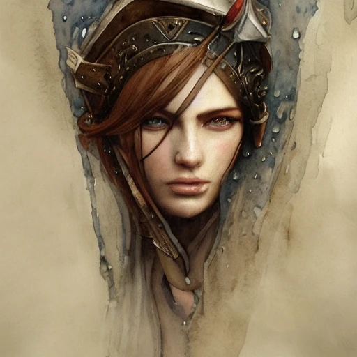 medieval character portrait, athletic, fit, in armor, focus on face, style, rain, flat light, ultra photo-realistic, intricate, watercolor on paper, masterpiece, expert, insanely detailed, 4k resolution, john William warehouse, Charlie Bowater, Agnes Cecile, Mucha, Gabriel Ferrier, composition, framing