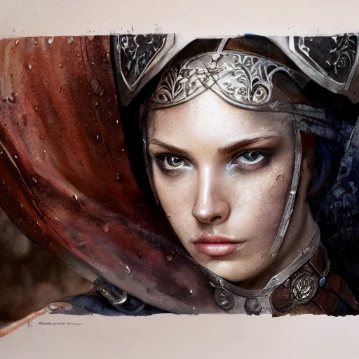 medieval character portrait, athletic, fit, in armor, focus on face, style, rain, flat light, ultra photo-realistic, intricate, watercolor on paper, masterpiece, expert, insanely detailed, 4k resolution, john William warehouse, Charlie Bowater, Agnes Cecile, Mucha, Gabriel Ferrier, composition, framing