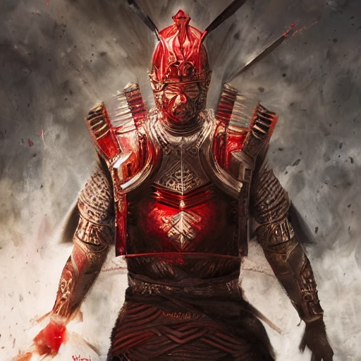 ultra photo-realistic, ancient warrior character portrait, anger, red colors, athletic, fit, in armor, focus on face, style, at light, intricate, masterpiece, state-of-the-art, expert, insanely detailed, 4k resolution, john William warehouse, Charlie Bowater, Agnes Cecile, Gabriel Ferrier, composition, framing, professional studio lighting, octane render, 3d