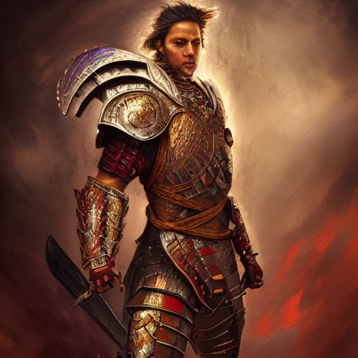 ultra photo-realistic, ancient warrior character portrait, anger, variants of red and golden colors, athletic, fit, in armor, focus on face, style, at light, intricate, masterpiece, state-of-the-art, expert, insanely detailed, 4k resolution, john William warehouse, Charlie Bowater, Agnes Cecile, Gabriel Ferrier, composition, framing, professional studio lighting, octane render, 3d