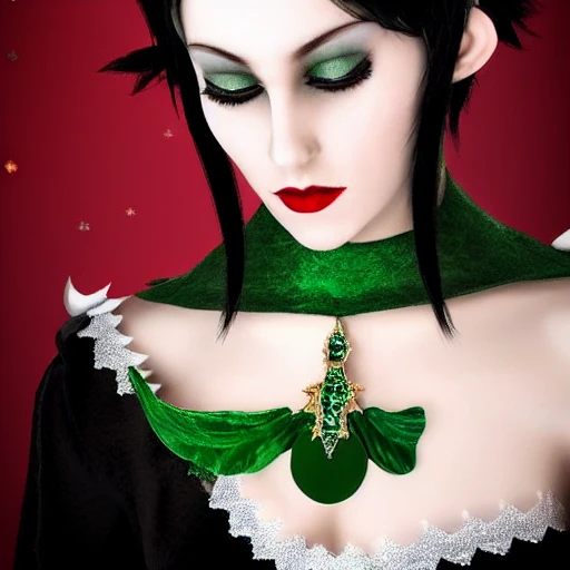 beauty of the night, long black flocks flowing on the shoulders and chest, white silky skin, dark brown eyes, powerful red lips, thin nostrils, elf ears, emerald tiara, emerald collier, emerald velvet sleevless dress, 3D