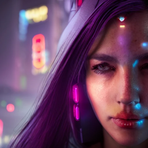 side close up portrait of 1 cyberpunk girl, detailed face, spotlight, cyberpunk city, wired, multicolored, vibrant high contrast, hyperrealistic, photografic, 8k, epic ambient light, octane render, 3D