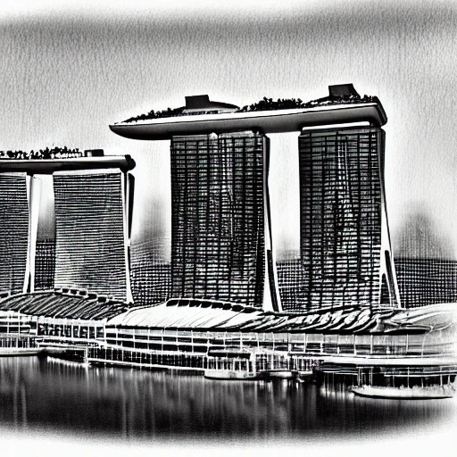 Marina Bay Sands - City Scapes , Pencil Sketch,, 3D, Cartoon, Water Color